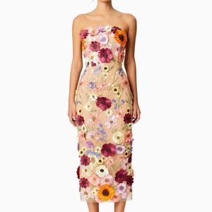 Elliatt Strapless Nude Pink Midi Dress with Multi-Color Floral Appliqués,